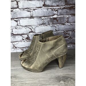 Calleen Cordero Green Leather Peep Toe Booties Stud Wood Heel Western Women 7.5M